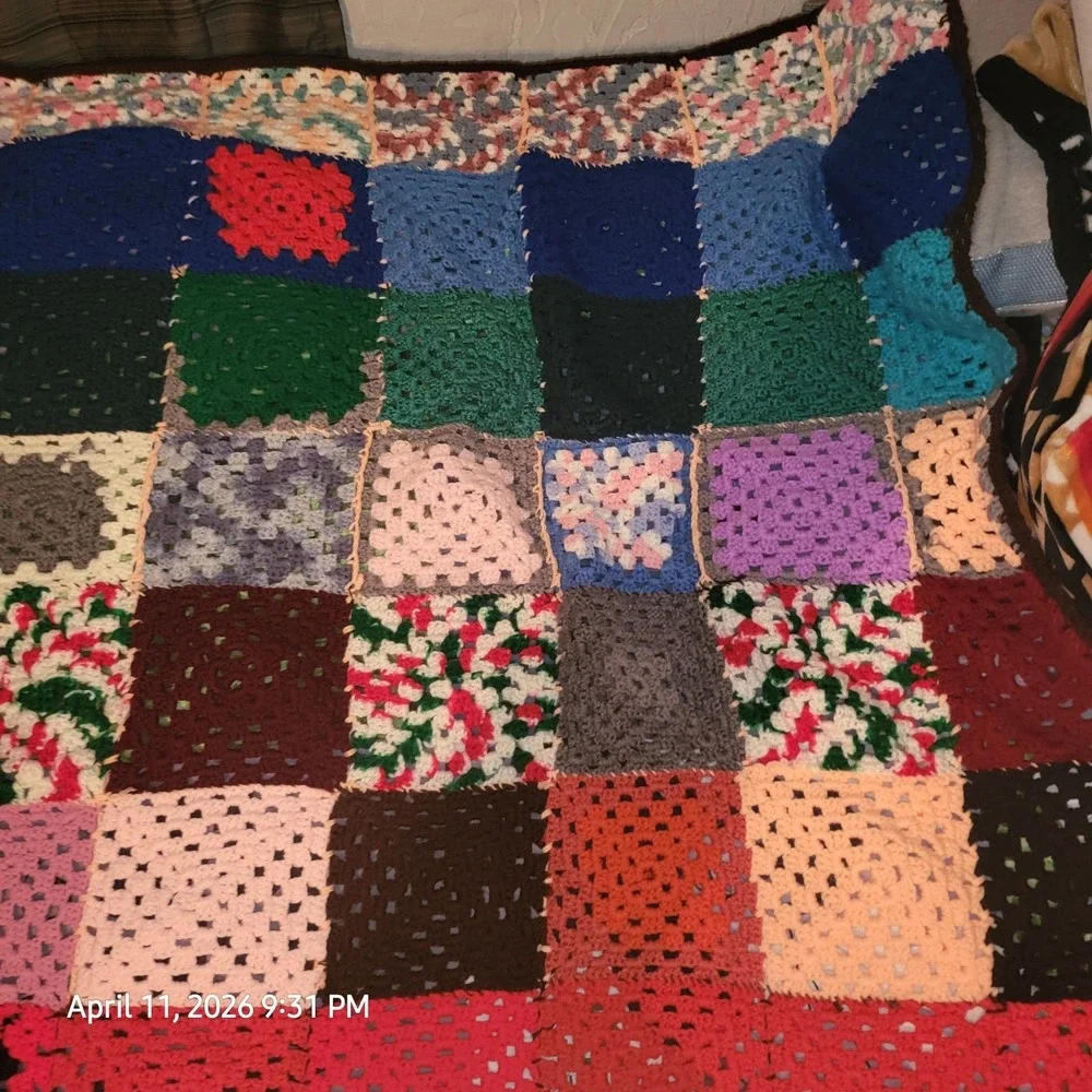 Granny Square Vintage Afghan Hand‎ Crochet Multi-Color Blanket 72
